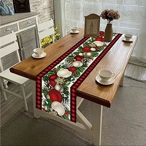 Red Black Buffalo Plaid Holly Pine Cones Christmas Balls Table runner 13x72